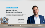 Vertical TDT card about open-source stewardship. Title: “Open Licences Do Not Guarantee Stewardship.” Deck: “Dries Buytaert’s proposed labels separate source-code rights from ongoing maintenance, security response, governance, and infrastructure support.”