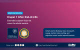 A wide purple gradient Discover Drupal graphic pairs the University of Oxford logo and UC Berkeley seal with a dark blue callout explaining the limits of Drupal 7 extended support. Text reads "DISCOVER DRUPAL. Drupal 7 After End of Life. Extended support does not cover the whole service. Oxford and UC Berkeley show how patch supply custom code hosting and migration remain under separate owners. Follow us on. LinkedIn. Facebook. Reddit. X. https www.thedroptimes.com. THE DROP TIMES."