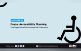 A light blue accessibility graphic features a large wheelchair symbol beside a headline about planning accessible Drupal websites. The graphic text reads "ACCESSIBILITY" "Drupal Accessibility Planning" "Core Support Does Not Guarantee Site Conformance" "Follow us on" "https://www.thedroptimes.com/" and "THE DROP TIMES".
