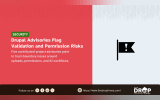 Security graphic titled “Drupal Advisories Flag Validation and Permission Risks” with text reading “Five contributed-project advisories point to trust-boundary issues around uploads, permissions, and AI workflows.” The right side shows a black warning flag with an exclamation mark, with The Drop Times branding and website link along the bottom.