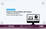 A wide Discover Drupal graphic pairs small robot icons with a monitor displaying bar and pie charts to represent AI performance monitoring. Text reads "DISCOVER DRUPAL. Drupal AI Observability with Grafana. Tracing requests. latency. costs. and nested agent activity. Follow us on. LinkedIn. Facebook. Reddit. X. https www.thedroptimes.com. THE DROP TIMES."