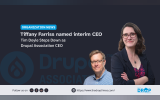 A dark organization news graphic shows portraits of Tiffany Farris and Tim Doyle in front of a faint Drupal Association logo. The graphic text reads "ORGANIZATION NEWS" "Tiffany Farris named interim CEO" "Tim Doyle Steps Down as Drupal Association CEO" "Follow us on" "https://www.thedroptimes.com/" and "THE DROP TIMES".