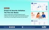 Drupal AI Security Initiative graphic with a three step workflow showing intake. human review. and resolution. Text reads "SECURITY". "Drupal AI Security Initiative. The First Six Weeks". "A grant funded team working alongside Drupal’s volunteer Security Team reports ten resolved issues and a new focus on screening AI assisted security reports." "1 Intake". "Reports". "Sort". "Route". "2 Human Review". "Review". "3 Resolution". "Resolved". "Closed". "More Info". and "The DropTimes".