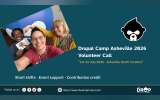 Graphic for Drupal Camp Asheville 2026 volunteer call, showing the event logo and icons for registration, session support, wayfinding, and logistics.
