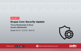 A grey security update graphic uses a shield and gear icon beneath a pattern of falling binary digits. The graphic text reads "SECURITY" "Drupal Core Security Update" "Three Moderately Critical Issues Addressed" "Drupal 11.4.4 · 11.3.14 · 10.6.13" "Follow us on" "https://www.thedroptimes.com/" and "THE DROP TIMES".