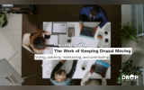 Editor’s Pick graphic for “Vol. 4 Issue. 26” with a blurred overhead view of people working around a table with laptops and notes. Text reads “The Work of Keeping Drupal Moving” and “Voting, patching, maintaining, and contributing.”