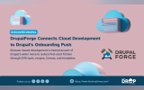 Discover Drupal graphic titled “DrupalForge Connects Cloud Development to Drupal’s Onboarding Push” on a pink background with blue cloud server illustrations and the Drupal Forge logo. Text reads “Browser-based development is framed as part of Drupal’s wider move to reduce first-start friction through CMS tools, recipes, Canvas, and templates.”
