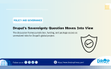Vertical TDT card on Drupal governance and infrastructure sovereignty. Title: “Infrastructure Sovereignty Enters Drupal Debate.” Deck: “The discussion frames jurisdiction, funding, and package access as unresolved risks for Drupal’s global project.”