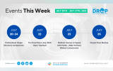 A desktop weekly events graphic for The Drop Times shows four Drupal community events along a horizontal timeline over a pale world map background. The graphic text reads "Events This Week" "JULY 20TH TO JULY 27TH. 2026" "JULY 20 TO 24" "Professional Single Directory Components" "JULY 22" "The DropTimes July 2026 Open Townhall" "JULY 23" "Webinar. Secure at Speed with Fastly. Edge Delivery Without Compromise" "JULY 25" "Drupal Pune Meetup" "THE DROP TIMES" "Follow us on" "Join us on DrupalSlack" "thedroptim
