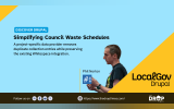 A blue and yellow Discover Drupal graphic shows Phil Norton speaking beside the LocalGov Drupal logo. The graphic text reads "DISCOVER DRUPAL" "Simplifying Council Waste Schedules" "A project specific data provider removes duplicate collection entries while preserving the existing Whitespace integration." "Phil Norton" "LocalGov Drupal" "Follow us on" "https://www.thedroptimes.com/" and "THE DROP TIMES".