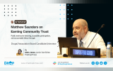 Hero image for “Matthew Saunders on Earning Community Trust,” showing Saunders speaking at a panel beside a laptop and microphones, with the deck “Public metrics for listening, accessible participation, and accountable follow-through.”