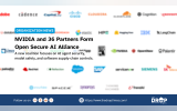 A white organization news graphic places an announcement over a blurred wall of partner logos with a dark blue footer and The Drop Times branding. Text reads "ORGANIZATION NEWS. NVIDIA and 36 Partners Form Open Secure AI Alliance. A new coalition focuses on AI agent security. model safety. and software supply chain controls. Follow us on. https www.thedroptimes.com. THE DROP TIMES."