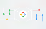 Abstract light gray technology banner with connected lines and circular nodes in green, yellow, red, and blue. A central white circle contains a small multicolor network icon, suggesting connected systems or digital infrastructure.