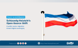 Policy and governance graphic titled “Schleswig-Holstein’s Open-Source Shift” with text reading “A public-sector migration toward digital sovereignty.” A blue, white, and red Schleswig-Holstein flag waves on a pole beside The Drop Times branding and website link.