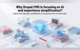 Futuristic network illustration with glowing blue data paths connecting modular platforms. Text reads "Why Drupal CMS is focusing on AI and experience simplification". "Agentic first approach. simplification. and expansion into the mid market".