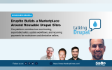A wide Discover Drupal graphic promotes a Talking Drupal discussion about Drupito and shows four speaker portraits beneath the Talking Drupal logo. Text reads "DISCOVER DRUPAL. Drupito Builds a Marketplace Around Reusable Drupal Sites. The platform combines low cost hosting exportable builds update workflows and recurring payments for maintainers and derivative sellers. talking Drupal. Follow us on. LinkedIn. Facebook. Reddit. X. https www.thedroptimes.com. THE DROP TIMES."