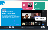 The DropTimes event graphic with a video meeting screenshot showing multiple community members and participant and chat panels. Text reads "EVENT". "The DropTimes OPEN TOWN HALL". "32 community members joined a conversation on reporting. sustainability. outreach and emerging technical work." "Presented By". "Tarun Udayaraj". "Presented Date". "22.07.202". "Future of Drupal and TDT. Discussed Together". "Follow us on". and "The DropTimes".