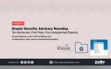 Pale pink Drupal security graphic with a falling code pattern. the Elavon Merchant Services logo. a folder marked with the Drupal logo. and a search suggestion panel. Text reads "SECURITY". "Drupal Security Advisory Roundup". "Ten Advisories. Five Fixes. Five Unsupported Projects.". "Access bypass. cross site scripting. and maintenance risks across contributed modules". "Search". "drupal". "drupal". "drupal 8". "drupalcon". "drupalista". "Follow us on". and "The DropTimes".