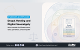 Light gray standards and compliance graphic with cloud and balance scale icons beside a layered Drupal application diagram surrounded by overlapping governance boundaries and a faint world map. Text reads "STANDARDS & COMPLIANCE". "Drupal Hosting and Digital Sovereignty". "Who controls the infrastructure. data. operations. and exit path". "Drupal application". "Web Frontend". "Application logic". "Data layer". "Dependencies". "Follow us on". and "The DropTimes".