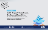 Light gray Discover Drupal graphic with a connected node network in the upper left and a layered Drupal AI illustration on the right. Text reads "DISCOVER DRUPAL". "Inside Drupal. Outside Drupal. One Governed Foundation." "The Drupal AI Initiative is advancing user facing AI features and external agent workflows through two parallel workstreams." "AI". "Follow us on". and "The DropTimes".