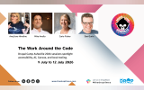Cover graphic for “The Work Around the Code” showing labeled portraits of AmyJune Hineline, Mike Anello, Carie Fisher, and Dan Gurin, the Drupal Camp Asheville logo, and the event dates 9 July to 12 July 2026.