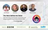 TDT hero card for Drupal Camp Asheville 2026 featuring Chris O'Donnell, Dan Hansen, Will Jackson, and Matthew Saunders. The card title reads “The Work Behind the Build,” with a deck on team decisions, site discovery, layout tools, and AI governance, dated 9–12 July 2026.