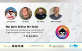 TDT hero card for Drupal Camp Asheville 2026 featuring Chris O'Donnell, Dan Hansen, Will Jackson, and Matthew Saunders. The card title reads “The Work Behind the Build,” with a deck on team decisions, site discovery, layout tools, and AI governance, dated 9–12 July 2026.