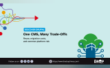 A light blue Discover Drupal graphic uses tangled colored paths converging into a red arrow and a platform network illustration to represent decisions around a shared content management system. The graphic text reads "DISCOVER DRUPAL" "One CMS. Many Trade Offs" "Reuse. migration costs. and common platform risk" "Follow us on" "https://www.thedroptimes.com/" and "THE DROP TIMES".