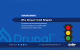 Graphic reading “Why Drupal 11.4.0 Slipped,” with supporting text about dependency security updates competing with scheduled core release work.