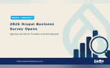 Drupal community graphic with a bar chart and magnifying glass illustration over a large Drupal droplet symbol. Text reads "DRUPAL COMMUNITY". "2026 Drupal Business Survey Opens". "Agencies and Service Providers Invited to Respond". "https://www.thedroptimes.com/". "THE DROP TIMES".
