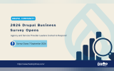 Drupal community survey graphic with a large Drupal droplet behind a bar chart and magnifying glass. Text reads "DRUPAL COMMUNITY". "2026 Drupal Business Survey Opens". "Agency and Service Provider Leaders Invited to Respond". "Survey Closes 7 September 2026".