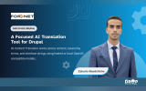 Blue Discover Drupal graphic with a portrait of Zakaria Boudchiche and the Fornet logo. Text reads "DISCOVER DRUPAL". "A Focused AI Translation Tool for Drupal". "AI Content Translator works across content taxonomy terms and interface strings using hosted or local OpenAI compatible models". "Zakaria Boudchiche". "THE DROP TIMES".