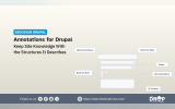 A Discover Drupal graphic explains how Annotations for Drupal keeps site knowledge attached to the structures it describes through connected guidance and context. The diagram links a Drupal form to labels reading "Editorial Guidance" "Technical Note" "Business Rule" "Editor" "Documentation" and "AI Context".