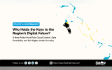 Policy and governance graphic about Caribbean digital sovereignty with a stylized map of the region highlighted in blue yellow and black. The main text reads "Who Holds the Keys to the Region’s Digital Future. A New Policy Push Puts Cloud Control Data Portability and Exit Rights Under Scrutiny."