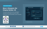 The Drop Times social card for Display Builder Beta 6. The headline reads “Beta 6 Sharpens the Display Builder UX.” A UI Suite logo appears at left, while a stylised Display Builder interface at right shows a navigator, layout blocks, drag-and-drop controls, and a Drupal Entity Revisions label. The deck notes the redesigned interface, Drupal 11.4 fixes, and ongoing translation and accessibility work.