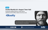 Bluefly.io August Town Hall graphic with a large black and white portrait of Aaron Ellison on the right and the Bluefly logo on the left. Text reads "Inside Bluefly.io’s August Town Hall. Community updates lead into a closer look at LibreChart and its offline medical record use case. Live demonstration and Q and A with Aaron Ellison. Main Contributor of LibreChart.