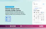 A wide Discover Drupal graphic pairs an icon picker interface with a simplified icon set to show how Drupal Canvas can replace eligible text fields with a searchable visual icon browser. The feature highlights Canvas Icon Picker 1.0 and its connection to Drupal core’s Icon API.