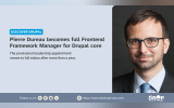 A wide Discover Drupal graphic features a formal portrait of Pierre Dureau and announces that he has become full Frontend Framework Manager for Drupal core. The accompanying text explains that his provisional leadership appointment moved to full status after more than a year.