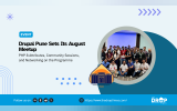 Alt text. Promotional graphic for a Drupal Pune meetup with a large group photo of attendees and the Drupalers Association Pune logo. Text reads "EVENT" "Drupal Pune Sets Its August Meetup" "PHP 8 Attributes, Community Sessions, and Networking on the Programme" "Follow us on" "in" "f" "X" "https://www.thedroptimes.com/" "DRUPALERS ASSOCIATION PUNE" and "THE DROP TIMES".