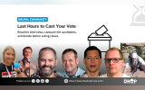 Drupal Association board election graphic showing seven candidates interviewed by The DropTimes alongside a ballot box and hourglass, with a reminder to vote before the deadline.