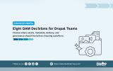 A wide Discover Drupal graphic introduces eight digital asset management decisions Drupal teams should make before choosing a platform. It emphasizes deciding where assets metadata delivery and governance belong as part of the overall architecture.