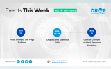 Horizontal weekly events graphic with a world map background and three Drupal events arranged along a timeline. Text reads "Events This Week". "AUG 24 - AUG 30 2026". "THE DROP TIMES". "AUG 25". "Pints, Prompts and Page Builders". "AUG 27-28". "Drupalcamp Grenoble 2026". "AUG 27". "Code of Conduct Incident Response Workshop". "Follow us on". "Join us on DrupalSlack". "#thedroptimes". "www.thedroptimes.com".