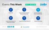 Weekly Drupal community events graphic for August 17 through August 23 2026 with six events arranged vertically by date. Text reads "Events This Week. AUG 17 AUG 23 2026. AUG 18 Drupal Day. AUG 18 Code of Conduct Incident Response Workshop. AUG 18 Seattle Drupal User Group Social Meetup. AUG 19 Custom Field Module Fox Valley Drupal. AUG 19 Helppy Hour Drupal Brasil 7. AUG 22 Drupal Pune Meetup.