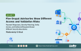 A wide security graphic shows Drupal at the center of a network connecting payments identity access content and outbound request flows. It highlights five moderately critical advisories and emphasizes that similar scores can represent very different access and validation risks.