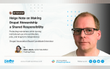 Interview cover featuring Drupal Association Board candidate Helge Notø, with a large portrait on the right. The headline reads “Helge Notø on Making Drupal Stewardship a Shared Responsibility,” with a deck about protecting maintainers and turning institutional use into contribution, jobs, and long-term independence. The interview is by Allen Jason.