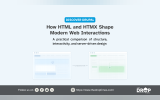 A wide Discover Drupal graphic compares traditional HTML page interactions with HTMX style partial updates using two simplified browser windows. Text reads "DISCOVER DRUPAL" "How HTML and HTMX Shape Modern Web Interactions" "A practical comparison of structure interactivity and server driven design" "compared with" "Follow us on" "https www.thedroptimes.com" "THE DROP TIMES".