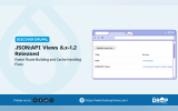 Light blue Discover Drupal graphic announcing the JSON API Views release with an illustrated browser showing a Drupal Views preview and generated endpoint. Text reads "DISCOVER DRUPAL" "JSON API Views 8.x 1.2 Released" "Faster Route Building and Cache Handling Fixes" "Update preview" "Title" "Recipes" "Path" "/en/recipes" "JSON API Views" "/en/jsonapi/views/recipes/page_1" "Follow us on" "https://www.thedroptimes.com/" and "THE DROP TIMES".