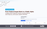 Drupal graphic titled "From Federal Drupal Work to a Public Alpha". A screenshot of the Link Remediator interface shows the maintenance workflow being adapted from federal Drupal work into a reusable tool for broader Drupal sites.