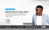 Discover Drupal graphic featuring Jérôme Tchania beside a small connected node symbol. Text reads "DISCOVER DRUPAL". "Making Drupal AI Usage Visible". "AI Metering combines provider wide tracking per user quotas and optional local fallback for over budget requests". "Jérôme Tchania".