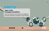 TDT graphic on a muted green background showing an open software package connected by winding paths to icons for code tracking documentation compliance and system updates. The headline reads "Policy and Governance. Open Code. Changing Conditions." and explains that teams must track the external systems and obligations shaping a dependency throughout its operational